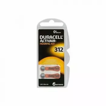 Pilhas de botão Duracell A312 zinco-ar, pack de 6 para aparelhos auditivos e pequenos dispositivos áudio