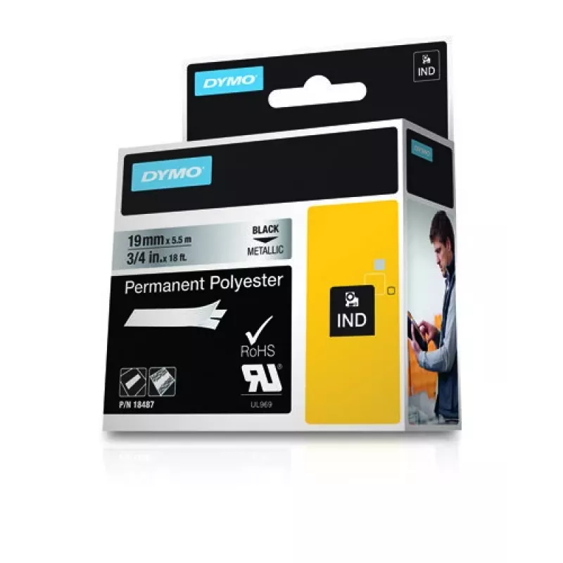 DYMO 19 mm RHINO poliéster permanente - preto sobre cinzento - poliéster - D1 - Bélgica - caixa (S0718200)