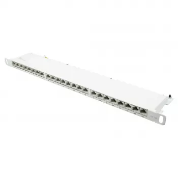 Patch panel 48,30cm (19) Cat. 6A, 24 portas, 0,5 U, STP blindado, abertura sem ferramentas, branco puro (RAL9010), Go (GC-N0143)