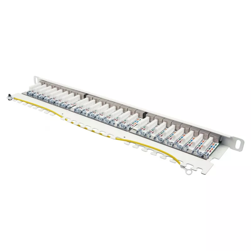 Patch panel 48,30cm (19) Cat. 6A, 24 portas, 0,5 U, STP blindado, abertura sem ferramentas, branco puro (RAL9010), Go (GC-N0143)
