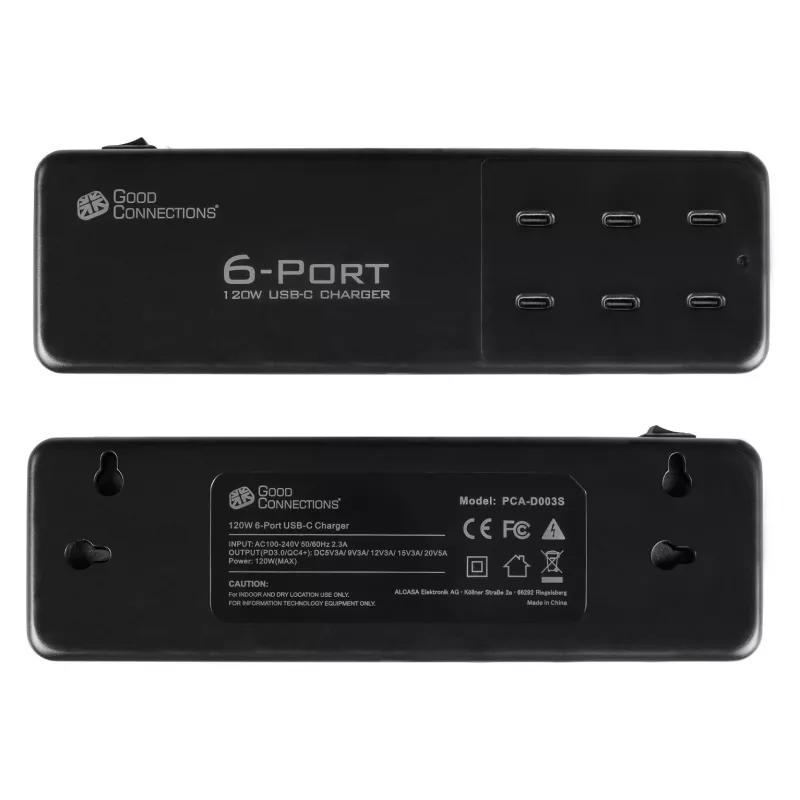 Estação de carregamento rápido USB para secretária 120W, 6 portas (6x USB-C™), PD 3.0, QC 4+, preto, Good Connections (PCA-D003S)