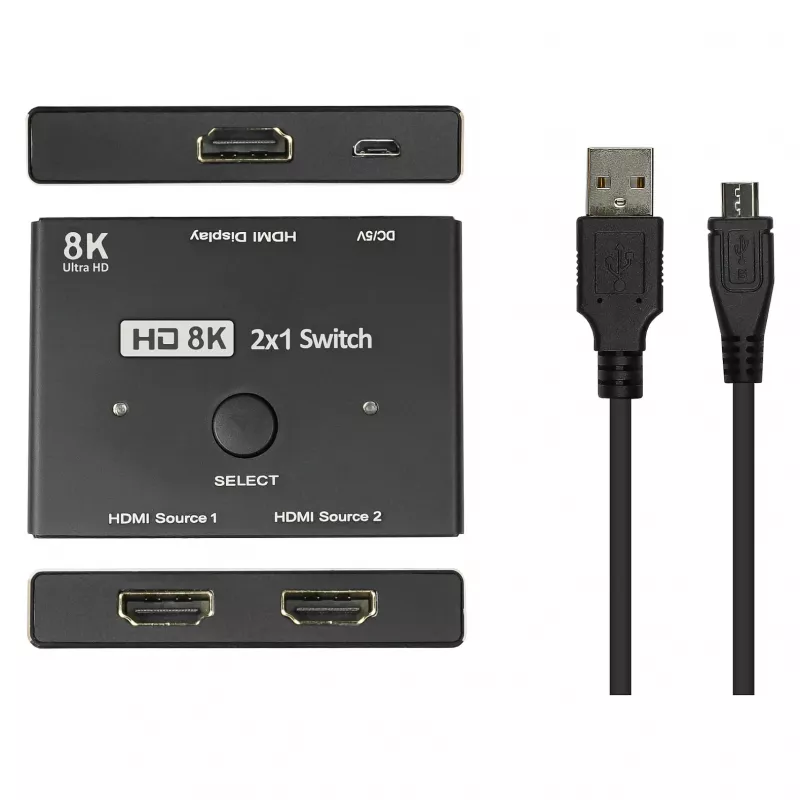Alcasa Comutador HDMI - HDMI - Preto - Metal - 7680 x 4320 - Dados - Dourado (GC-M0261)