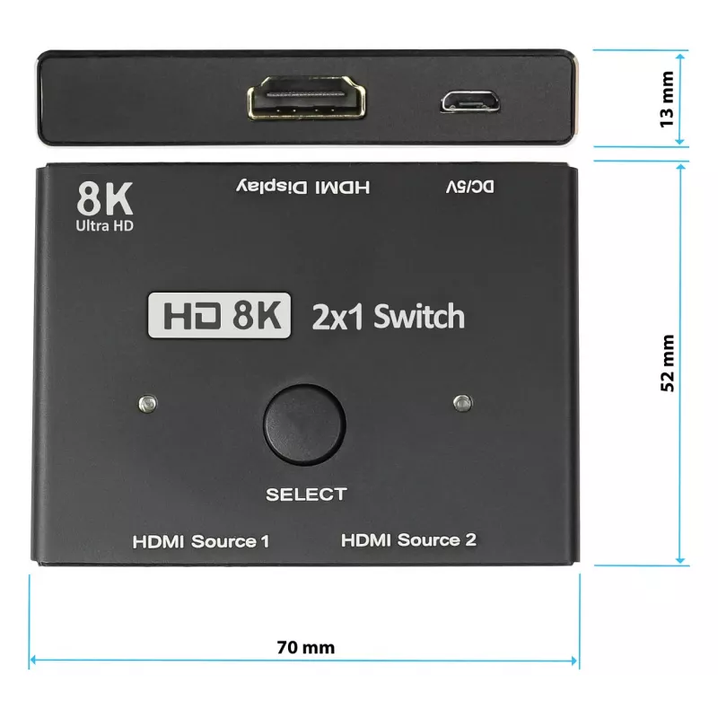 Alcasa Comutador HDMI - HDMI - Preto - Metal - 7680 x 4320 - Dados - Dourado (GC-M0261)