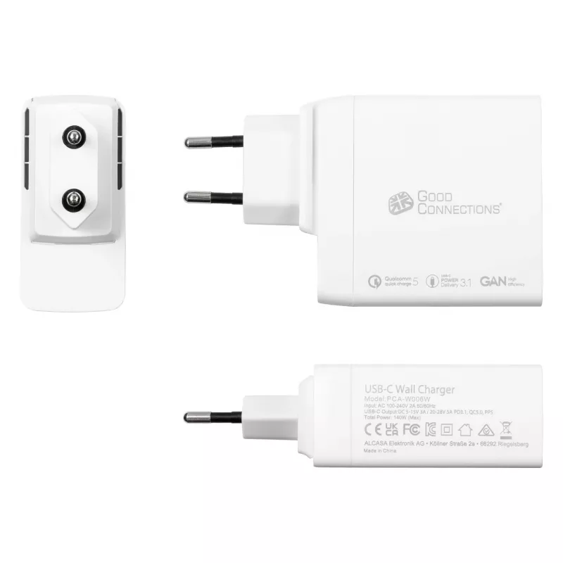 Good Connections GC Carregador rápido USB 140W tecnologia GaN, 2x USB-C, PD 3.1, QC 5.0, PPS branco -• Carregador rápido USB 140W• para smartphones