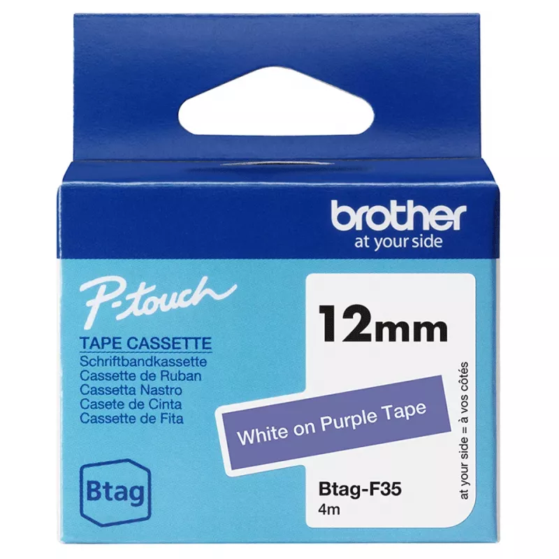 Fita de etiquetagem Brother BTAG-F35 branco sobre roxo 1,2 cm 4 m