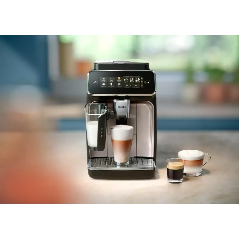 Máquina de café expresso Philips EP3343/90 – totalmente automática, 2 chávenas, 15 bar, moinho cerâmico, depósito de grãos de 275 g, depósito de leite, ecrã tátil TFT