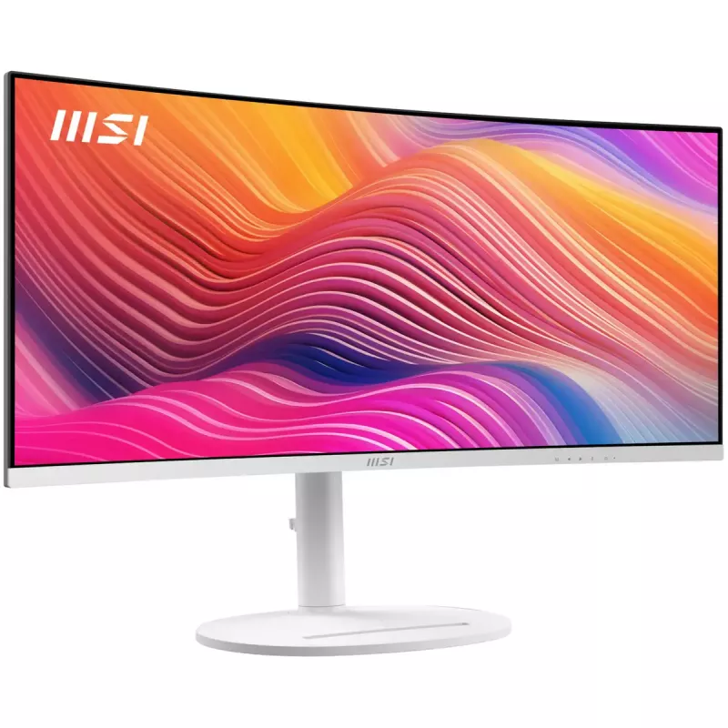 Monitor curvo VA-LCD MSI Modern MD342CQPWDE de 34 polegadas 3440×1440 UWQHD 21:9, 4 ms, 300 cd/m², hub USB, altifalantes, VESA, altura ajustável — branco