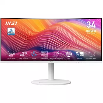 Monitor curvo VA-LCD MSI Modern MD342CQPWDE de 34 polegadas 3440×1440 UWQHD 21:9, 4 ms, 300 cd/m², hub USB, altifalantes, VESA, altura ajustável — branco