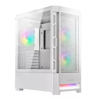 Caixa de PC Cougar COUGAR Airface RGB Midi Tower branco — 230×386×491 mm, suporta 3×120/140 mm à frente, 1×120 mm atrás, unidades de 2,5/3,5 polegadas