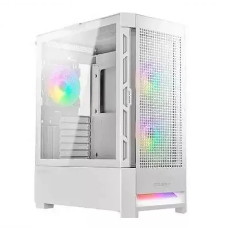 Caixa de PC Cougar COUGAR Airface RGB Midi Tower branco — 230×386×491 mm, suporta 3×120/140 mm à frente, 1×120 mm atrás, unidades de 2,5/3,5 polegadas