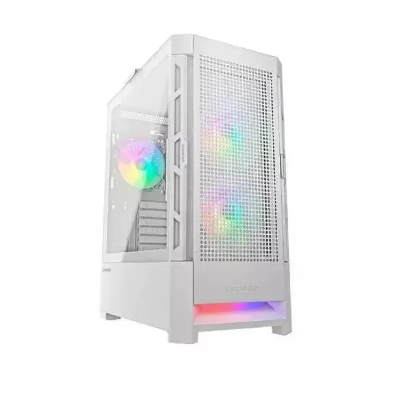 Caixa de PC Cougar COUGAR Airface RGB Midi Tower branco — 230×386×491 mm, suporta 3×120/140 mm à frente, 1×120 mm atrás, unidades de 2,5/3,5 polegadas