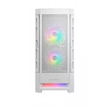 Caixa de PC Cougar COUGAR Airface RGB Midi Tower branco — 230×386×491 mm, suporta 3×120/140 mm à frente, 1×120 mm atrás, unidades de 2,5/3,5 polegadas