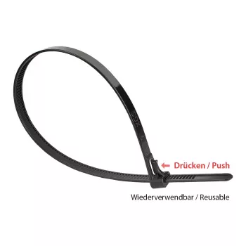 Abraçadeira reutilizável 450 mm x 7,4 mm, preto, resistente aos UV, -40 °C a +85 °C, 100 unid. (KAB-R45S74)