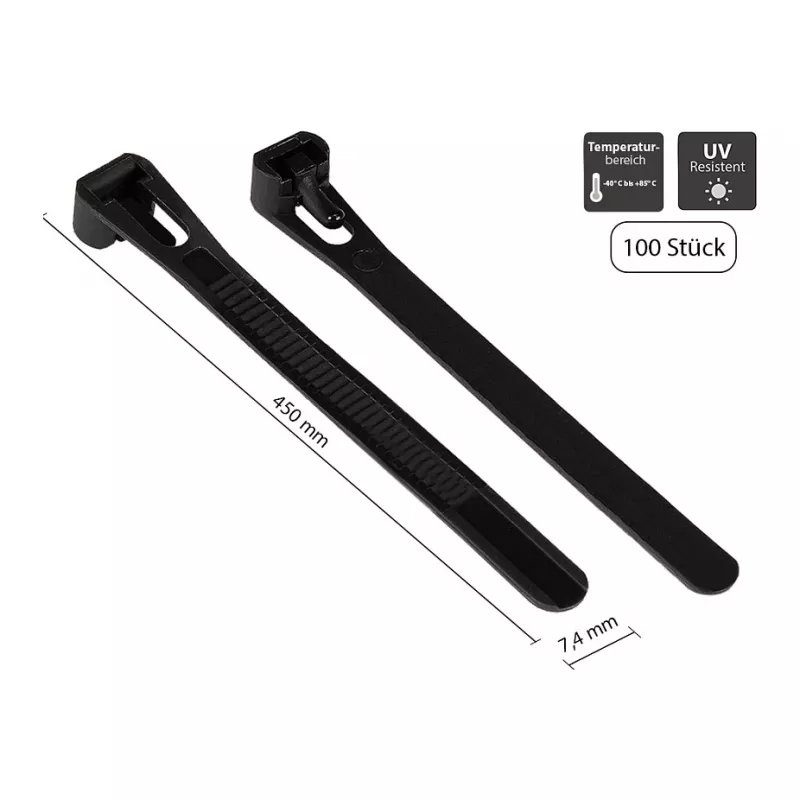 Abraçadeira reutilizável 450 mm x 7,4 mm, preto, resistente aos UV, -40 °C a +85 °C, 100 unid. (KAB-R45S74)