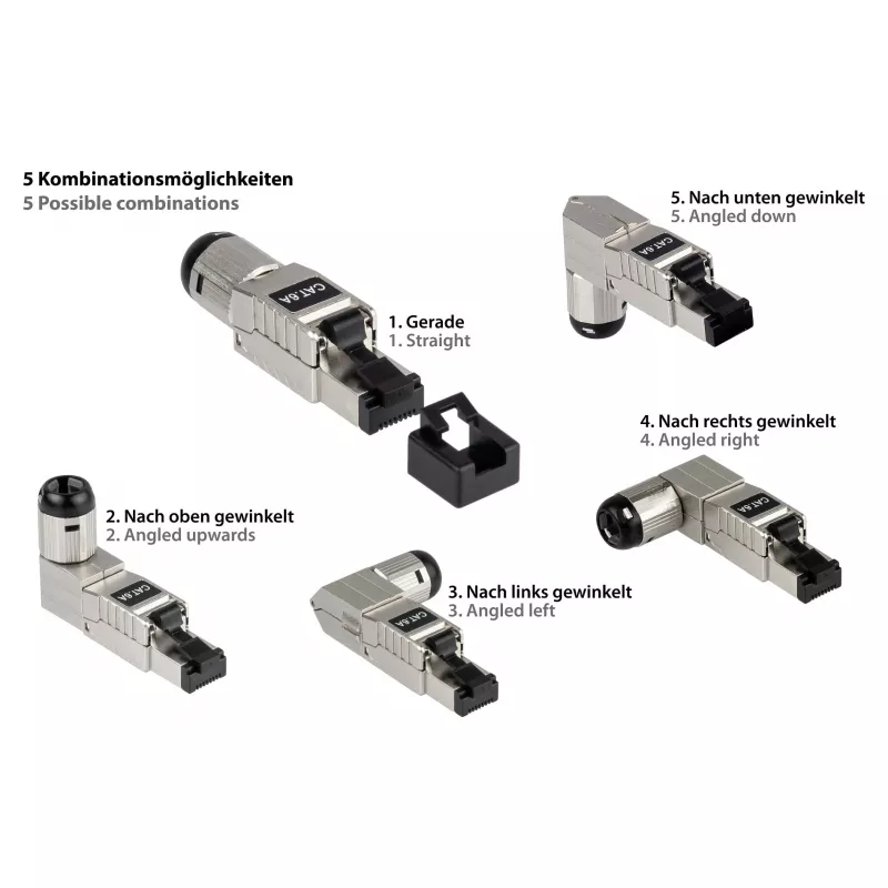 Ficha RJ45 Cat. 6A, sem ferramentas / montagem no local, STP blindada, metal, 5 direções, Good (GC-N0165)