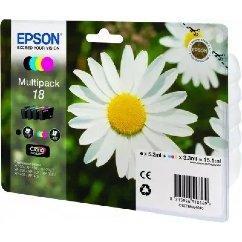 Multipack de tinteiros Epson Daisy Multipack 4 cores 18 Claria Home Ink — rendimento padrão, 4 cores