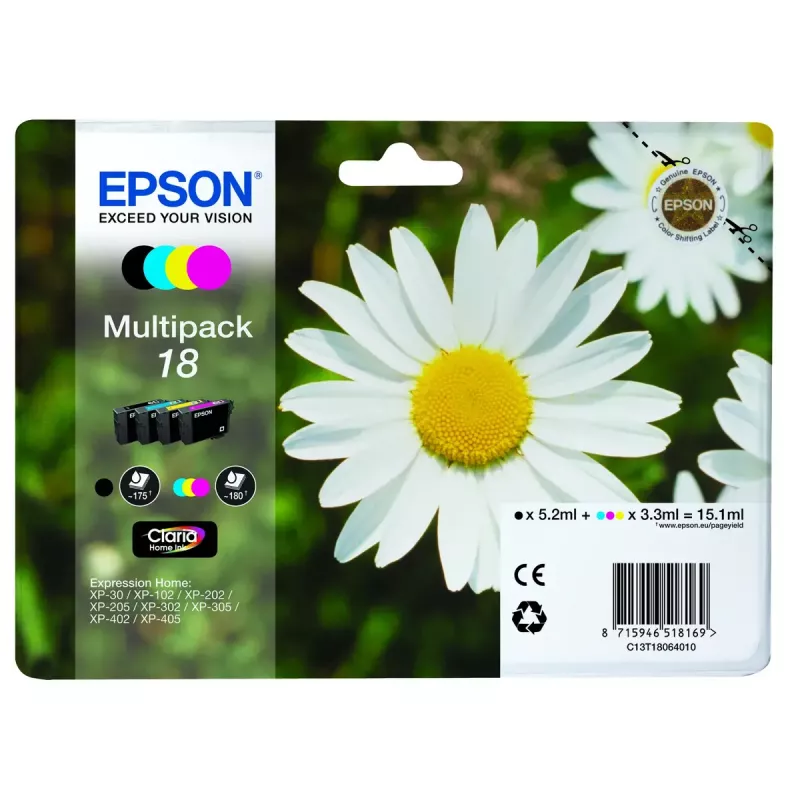 Multipack de tinteiros Epson Daisy Multipack 4 cores 18 Claria Home Ink — rendimento padrão, 4 cores