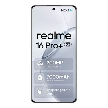 smartphone REALME realme 16 Pro+ – 6.8 polegadas (17.3 cm) 1280×2800, Snapdragon 7 Gen 4, 12 GB RAM, 512 GB, 200 MP câmara tripla, 7000 mAh, cinzento