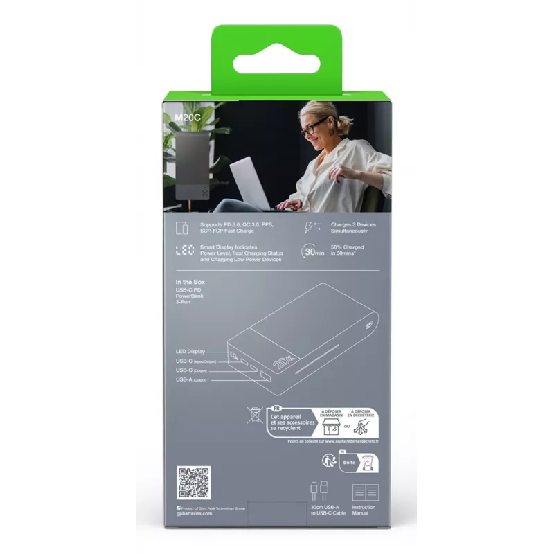 GP Battery GP PowerBank M2+ 20C 20000mAh 2xUSB-C/1xUSB-A preto indicador LED (GPPBM20CGYMSR287)