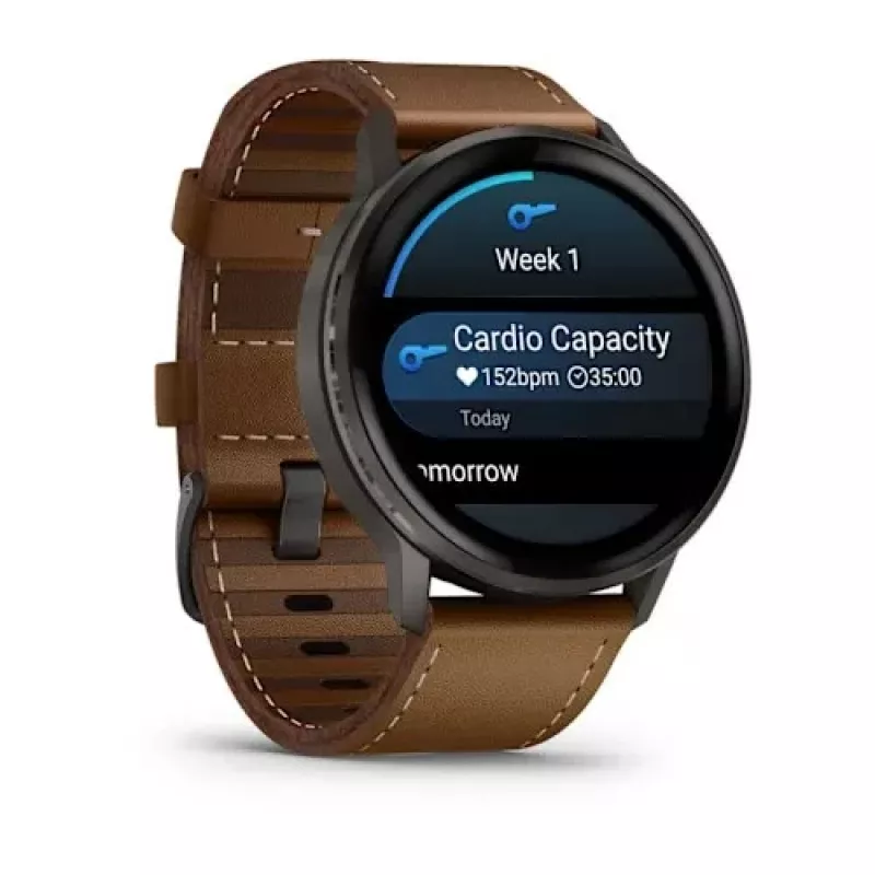 Smartwatch GARMIN Venu 4 45 mm (1,4 polegadas) AMOLED 454×454 px, Wi‑Fi, GPS, 8 GB, caixa preta, bracelete de pele castanho