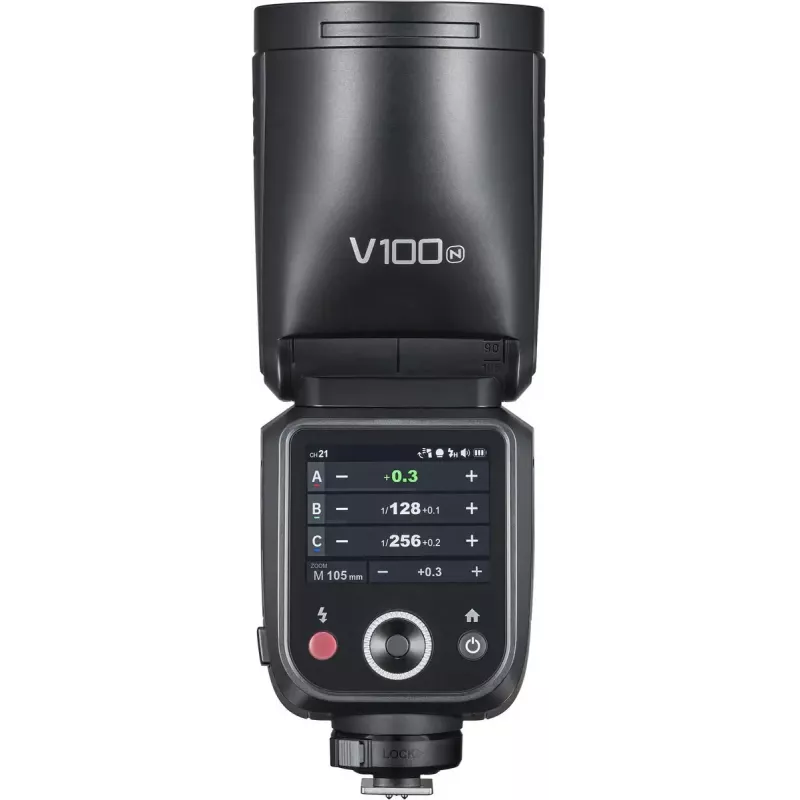 Flash Godox V100‑N para Nikon — Flash de encaixe TTL Li‑ion portátil