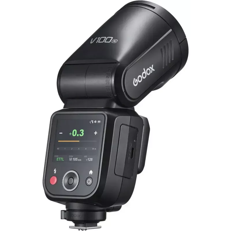 Flash Godox V100‑N para Nikon — Flash de encaixe TTL Li‑ion portátil