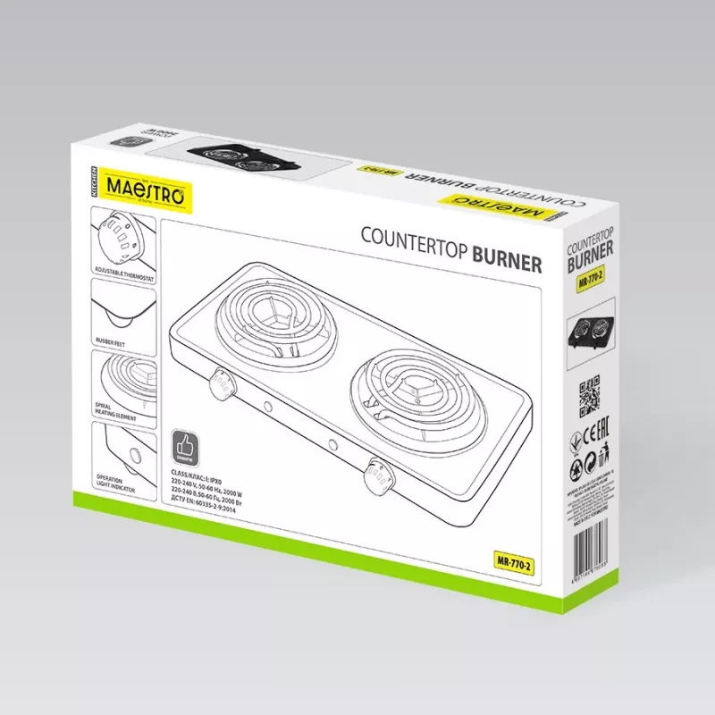 Placa elétrica de duas bocas Maestro MR-770-2, 2000 W, placa de aquecimento de mesa compacta