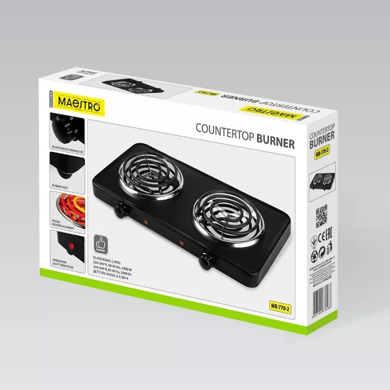 Placa elétrica de duas bocas Maestro MR-770-2, 2000 W, placa de aquecimento de mesa compacta