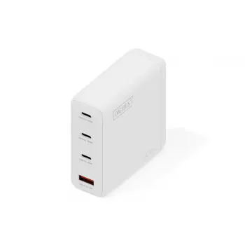 Carregador USB GaN DIGITUS 140W — 3× USB‑C, 1× USB‑A, 100–240V, branco