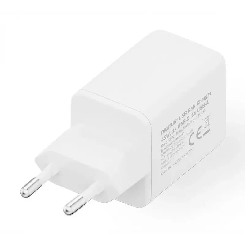 Carregador de parede DIGITUS USB GaN 45W — 1× USB-C, 1× USB-A, entrada 100–240V, branco