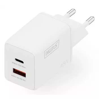 Carregador de parede DIGITUS USB GaN 45W — 1× USB-C, 1× USB-A, entrada 100–240V, branco