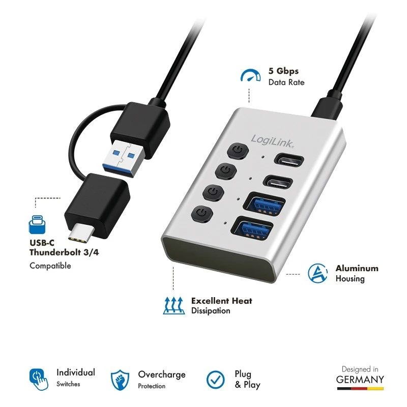 Hub USB 3.2 Gen 1, 4 portas, USB-A/C, interruptor on/off