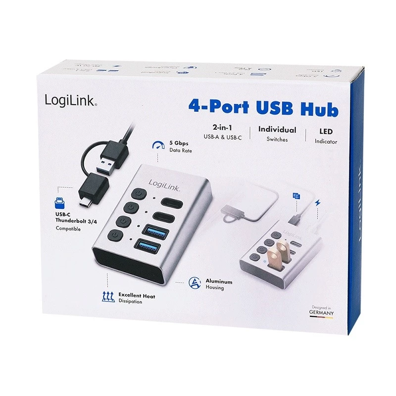 Hub USB 3.2 Gen 1, 4 portas, USB-A/C, interruptor on/off