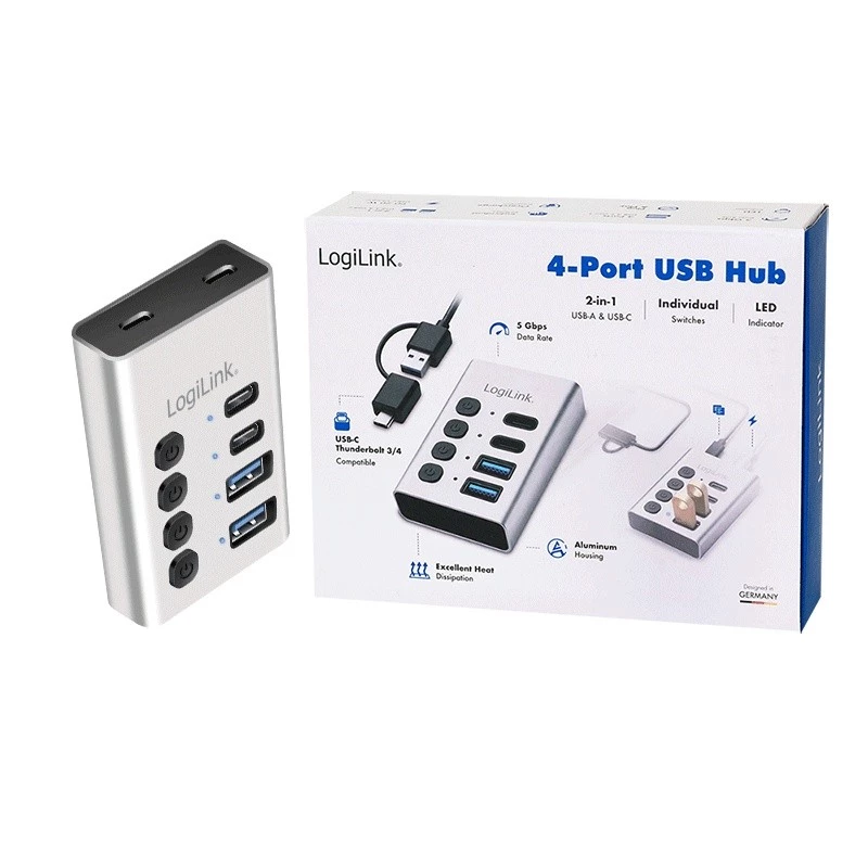 Hub USB 3.2 Gen 1, 4 portas, USB-A/C, interruptor on/off