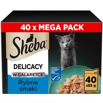 Comida húmida para gatos Sheba Delicacy sabor a peixe em geleia, 40×85 g latas, gatos adultos, 11% proteína, 78% humidade