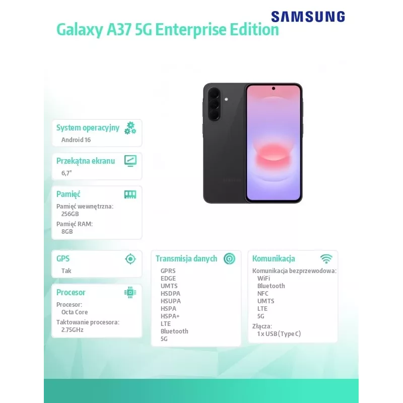 Smartphone Galaxy A37 5G 8/256GB Enterprise Edition preto