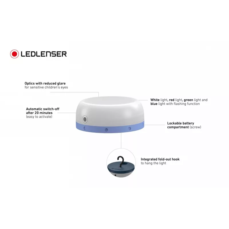 Lanterna de campismo a pilhas Ledlenser Kidcamp6 — LED RGB, 60 lm, AAA, caixa em ABS, 95 g