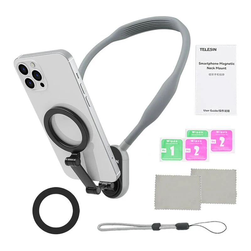 Suporte de pescoço magnético Telesin MNM-002 para iPhone (12–16) – ângulo ajustável, leve