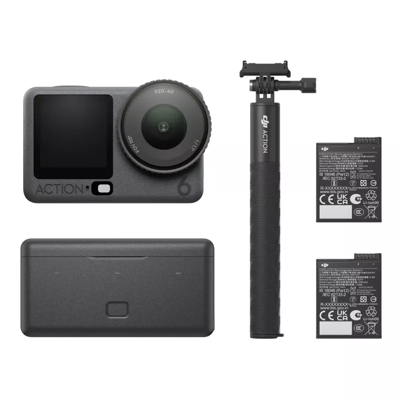 Câmara de ação DJI Osmo Action 6 Adventure Combo — 38 MP, 4K Ultra HD, CMOS de 1/1,1 polegadas, campo de visão de 155°, zoom digital de 2x