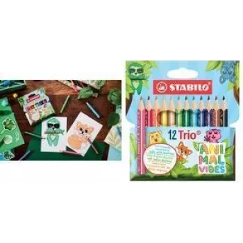 Lápis de cor triangulares Stabilo Trio Thick Animal Vibes pack de 12, mina 4,2 mm, madeira lacada