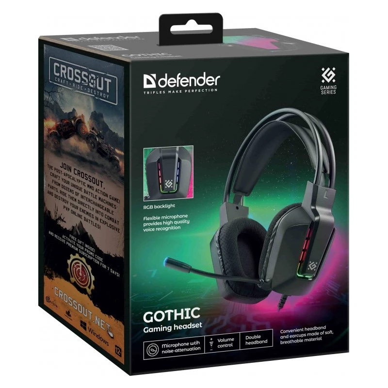 Headset gaming USB com fio DEFENDER GOTHIC RGB com microfone, preto