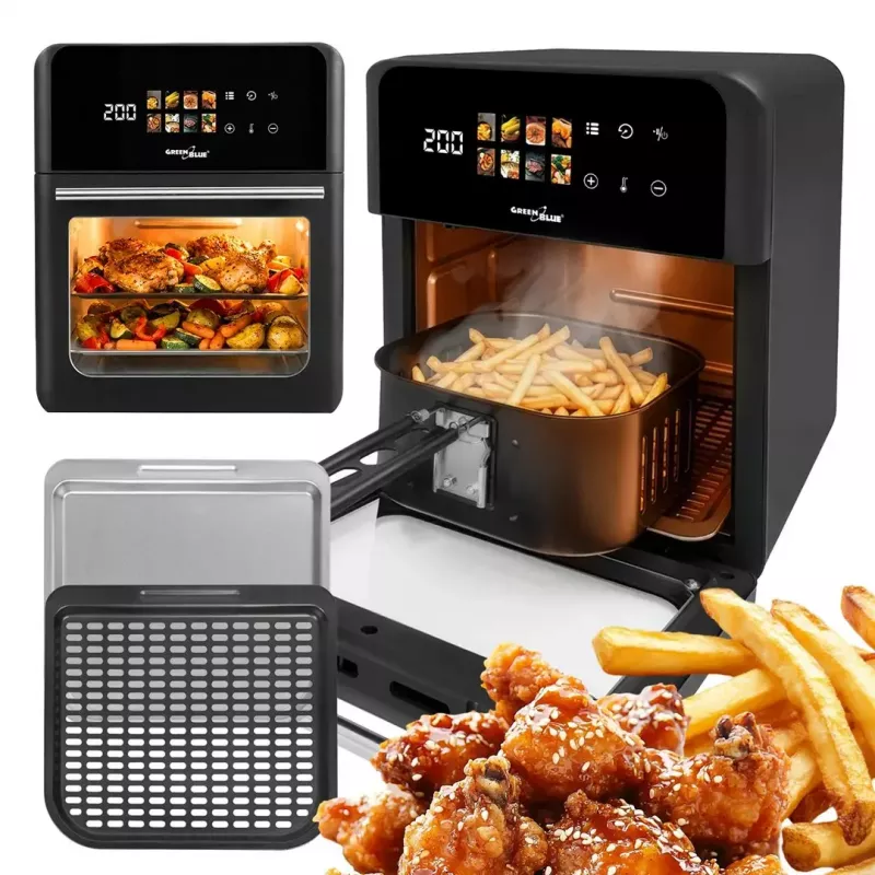 Fritadeira de ar quente GreenBlue GB950 1800W, capacidade 10 l, 8 programas, painel tátil, temporizador, preto