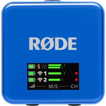 Microfone Rode Wireless Go III azul — sistema lavalier sem fios compacto