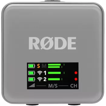 Microfone sem fios Rode Wireless GO III cinzento — design compacto, bateria integrada