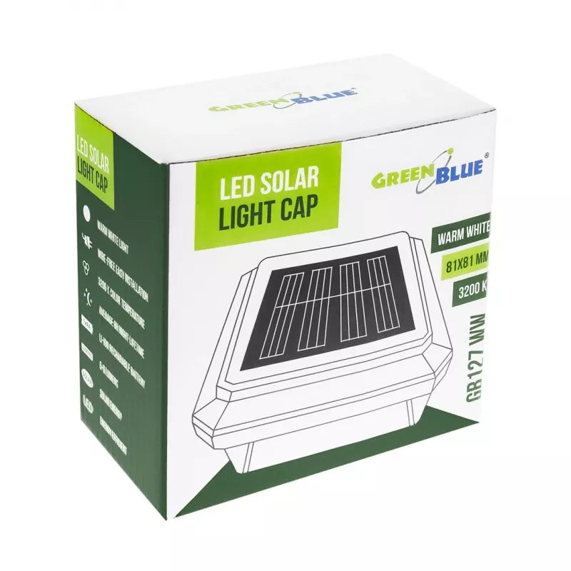 Luminária de coluna LED solar GreenBlue GB127 WW — 3200 K branco neutro, cúpula 80×80 mm, bateria NiMH