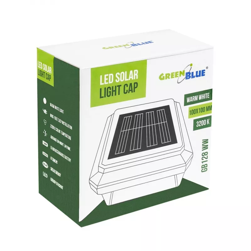 Luminária de coluna LED solar GreenBlue GB128 WW, 3200K branco neutro, cúpula, 100x100mm, preto