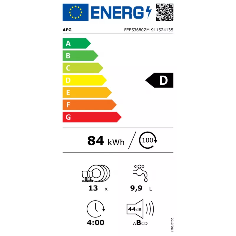 Máquina de lavar loiça totalmente integrada AEG FEE53680ZM – 13 conjuntos de louça, 60 cm, 44 dB, classe energética D