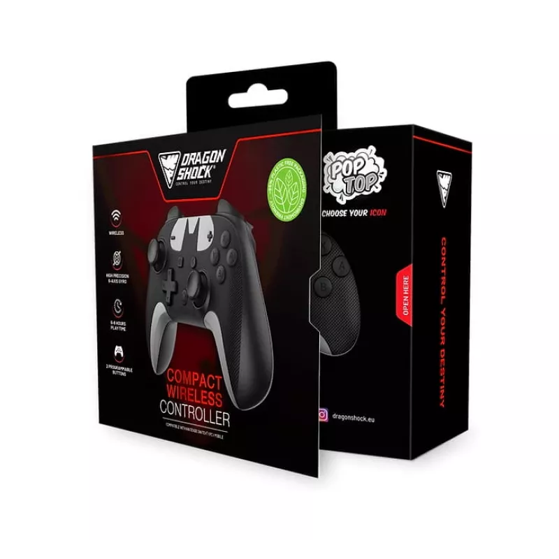 DragonShock PopTop Compact, comando, Nintendo Switch, botão Voltar, D-Pad, botão Home, botão Reset, sem fios, Bluetooth, USB Type-C