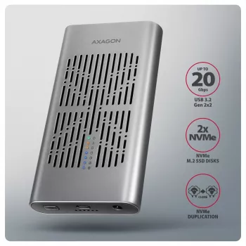 Caixa externa AXAGON EEM2-20GD USB-C 20 Gbps para duas SSD M.2 NVMe com clonagem por hardware