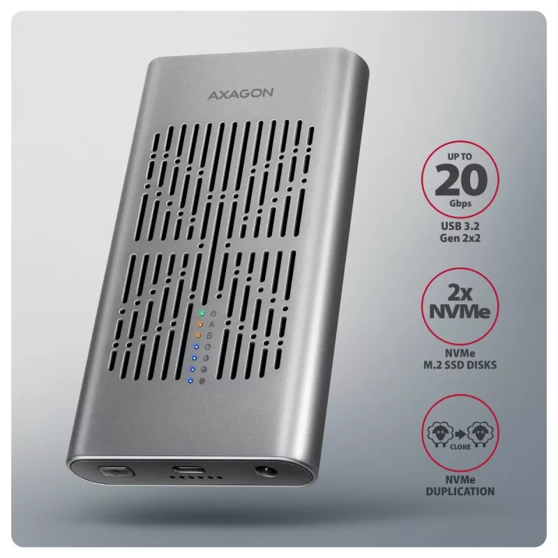 Caixa externa AXAGON EEM2-20GD USB-C 20 Gbps para duas SSD M.2 NVMe com clonagem por hardware
